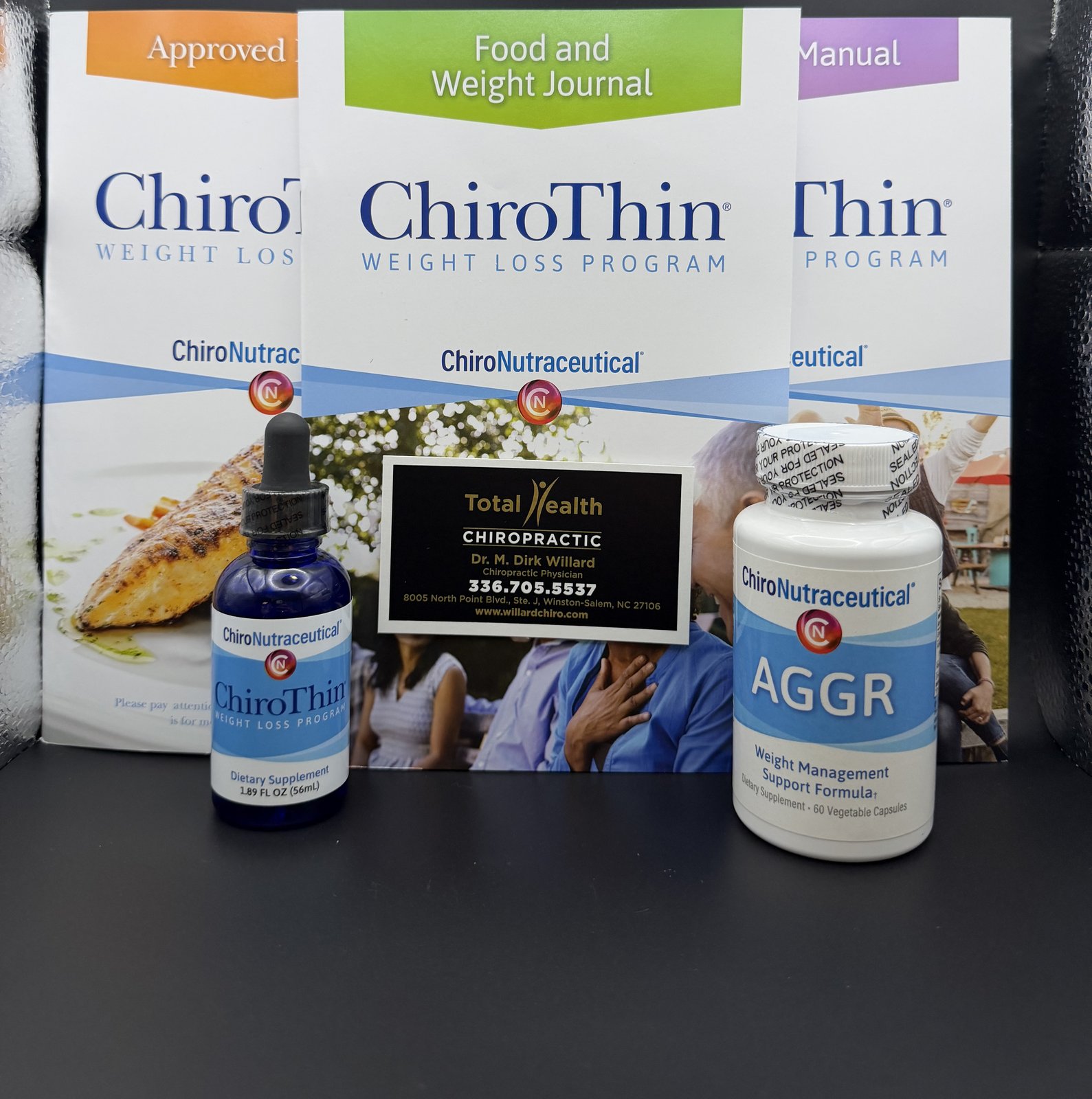 The complete ChiroThin program kit: the program box, food and weight journal, reference manual, ChiroThin drops and AGGR supplement