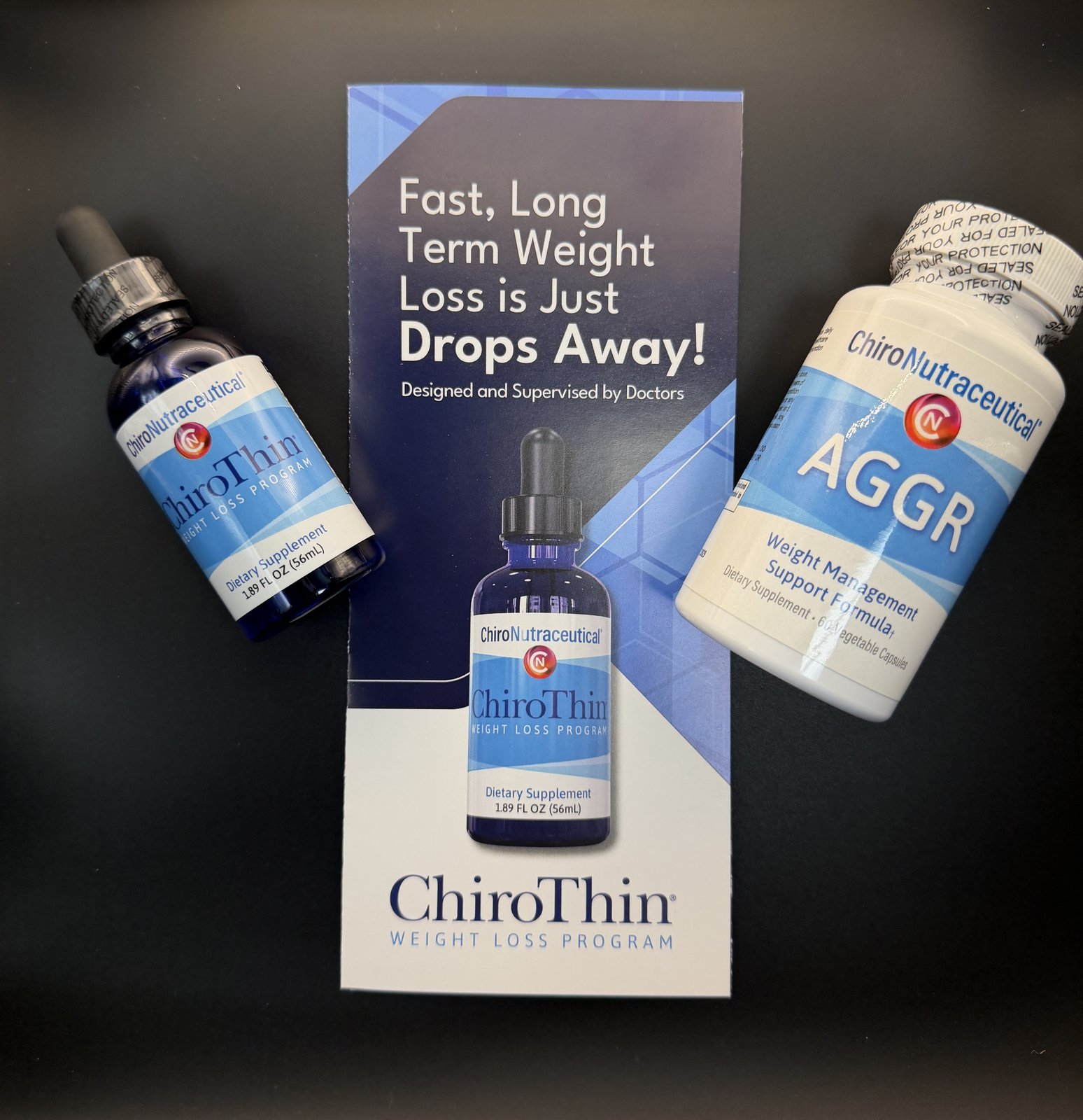 ChiroThin dietary supplement drops, the AGGR weight management support formula and the ChiroThin program brochure